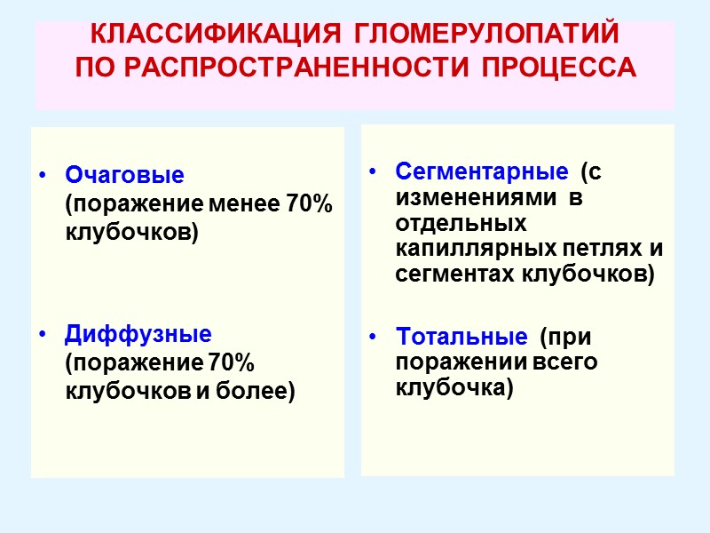 КЛАССИФИКАЦИЯ ГЛОМЕРУЛОПАТИЙ  ПО РАСПРОСТРАНЕННОСТИ ПРОЦЕССА    Очаговые   (поражение менее